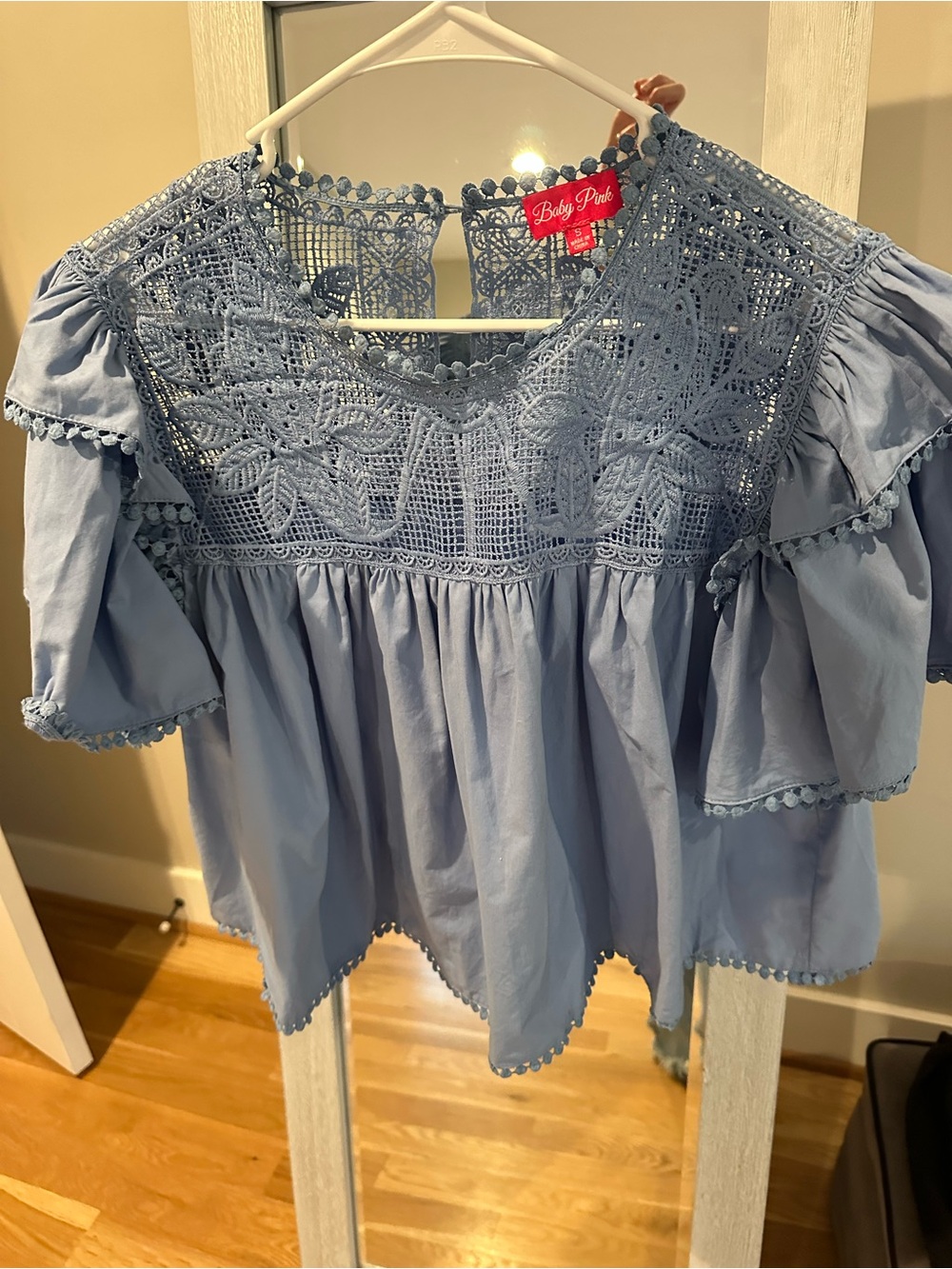 Blue Crochet Yoke Peasant Top